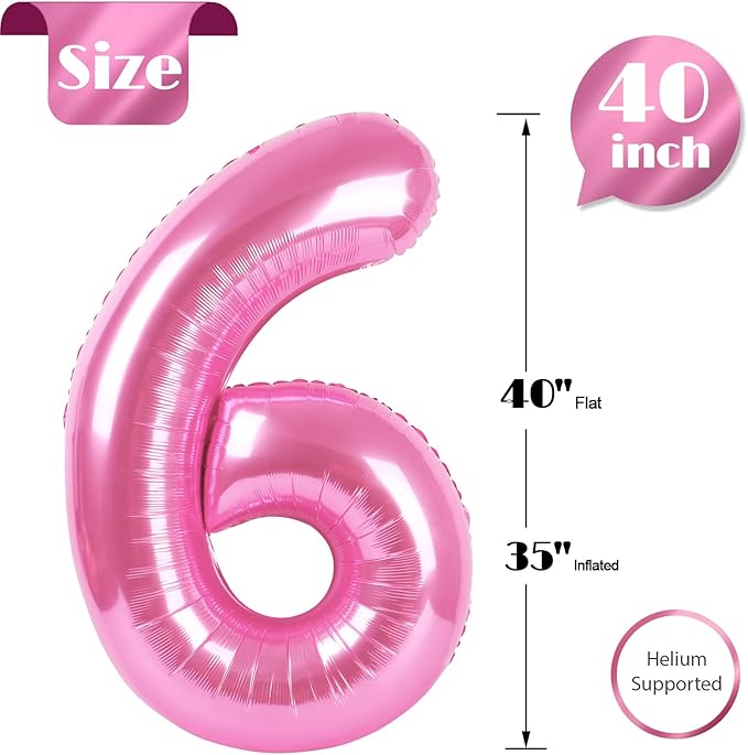 Pink Number 6 Balloon 40 Inch, 6 Balloon Number, 6th Birthday Decorations, Pink Party Supplies for Boys Girls