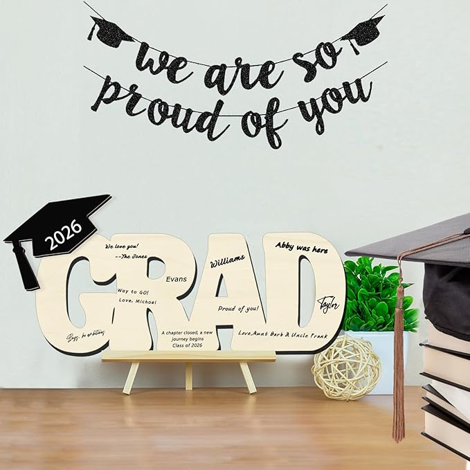 Graduation Decorations Class of 2026 Grad Sign Wood Board Party Nameplate Guest Book for High School College Bachelor Graduation Gifts (GRAD)