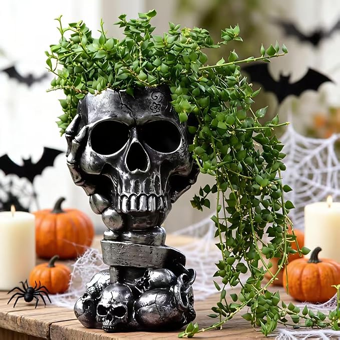 Skull Planter, Gothic Planters for Halloween Decorations Indoor/Outdoor Plants, Goth Flower Pots, Plant Pots, Skull Flower Pot, Plant Pot, Unique Vase with Drainage(Tall Black)