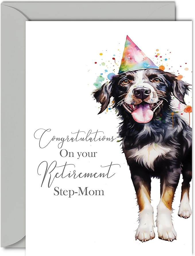Retirement Card for Step Mom - Party Dog - Leaving Cards for Step Mom from Son Daughter, Congratulations on your Retirement, 5x7 Inch Greeting Cards