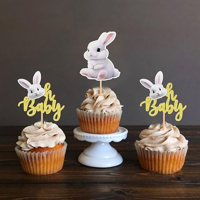 Ercadio 24pcs Cake Topper, Happy Easter Bunny Themed Cupcake Picks for Spring Birthday, Baby Shower Party Supplies