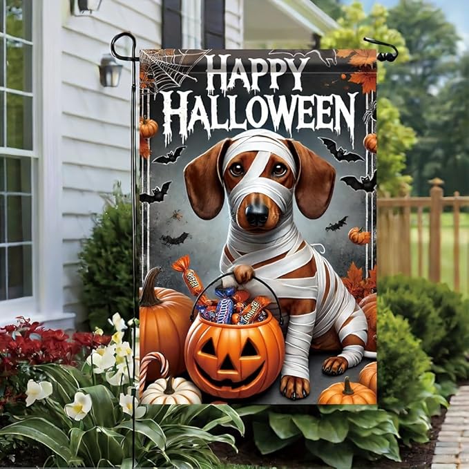 Halloween Garden Flag Dachshund Dog Mummy Pumpkin 12x18 Inch Double SidedOutdoor Yard Banner Trick or Treat Haunted House Spooky Cute Holiday Small Garden DecorationDecor