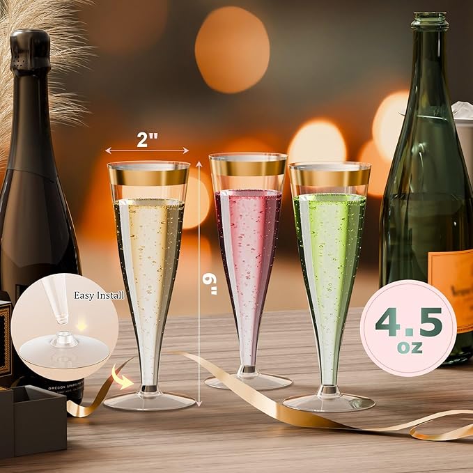 100 Pack Plastic Champagne Flutes Gold Rim Disposable Wine Glasses, 4.5 Oz Mimosa Cocktail Toasting Cups Bulk for Women's Day Party Supplies Wedding Bar, Copas De Plastico Para Brindis