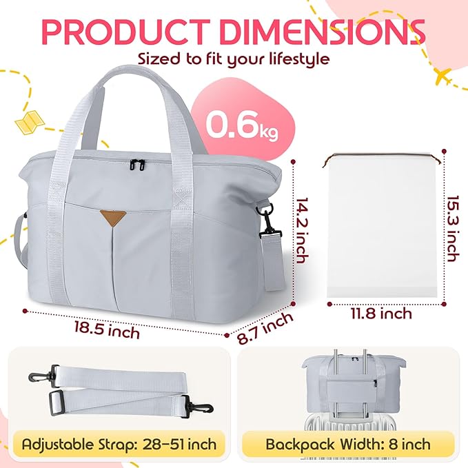 Duffle Bag for Travel, Carry-on Travel Bag with Trolley Sleeve, Sport Gym Bag for Women, Overnight Bag for Men, Hospital Bag for Labor and Delivery (Grey)