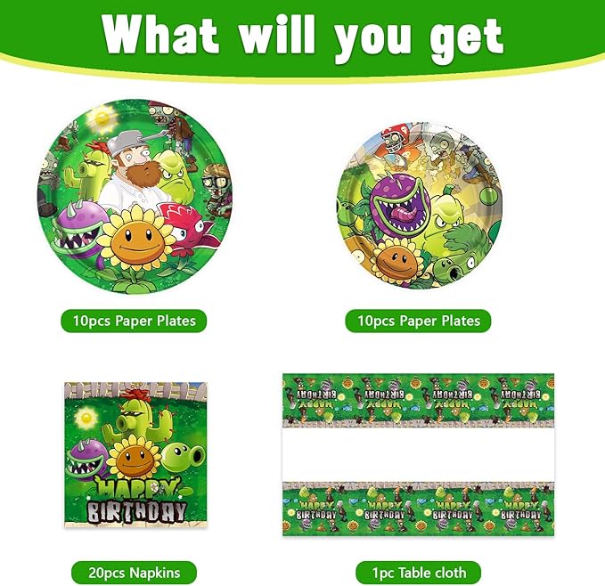 deenor 41Pack Plants Zombies Birthday Party Supplies include 20 plates, 20 napkins and Tablecloth for Zombies Party Decoration