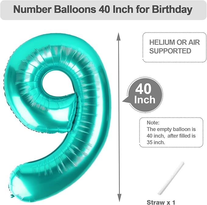 Blue-Green 9 Balloon Number, Big 40 Inch Happy 9 19 29 90 Birthday for Men And Women, Foil Balloons Decoratins for Wedding Anniversary, Single, New Year, Halloween Party Syupplies