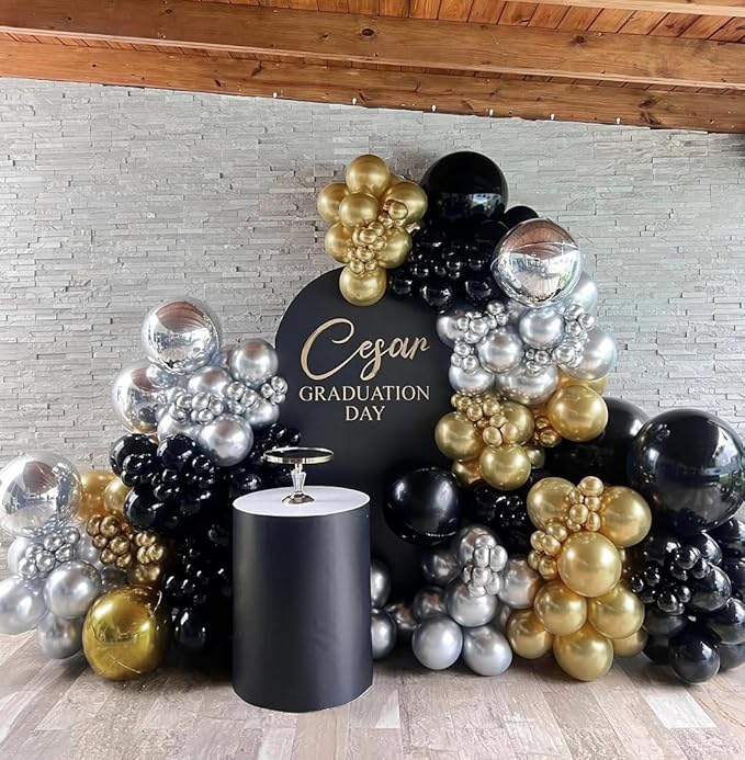 Black Gold Silver Balloons Garland Arch Kit 144pcs Different Sizes New Year Decorations for New Year Birthday Wedding Retirement Baby Shower Graduation Decorations