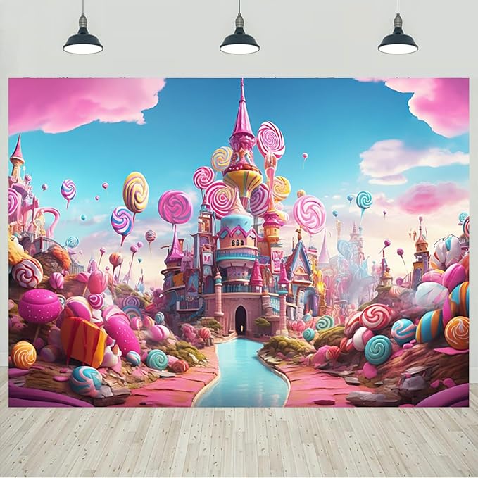 7x5ft Candyland Backdrop Fantasy Pink Castle Sweet Candy Photography Background Girls Birthday Candyland Theme Party Banner Decorations Photo Studio Props