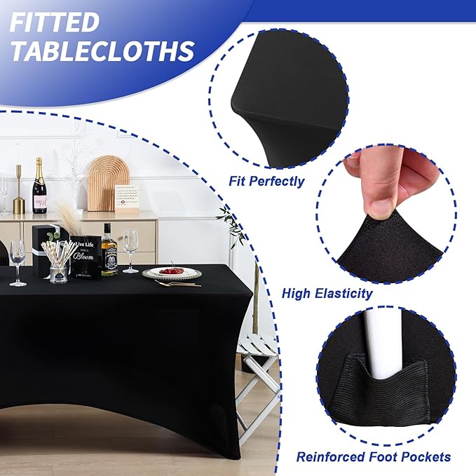 Fixwal 12 Pack Black Spandex Table Covers for 6 Foot Tables, Rectangular Fitted Stretch Table Cloth Rectangle Table for Wedding, Banquet, Party, Events