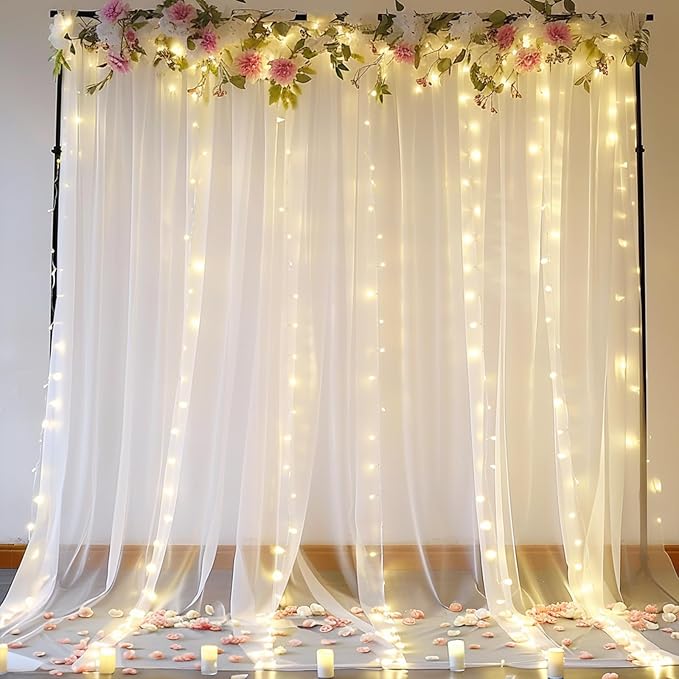 20 FT x 8 FT White Backdrop Curtain - Tulle Backdrop Curtain with 9.8FT Lights String - Sheer Backdrop Curtains with 4 Inch Rod Pockets for Birthday Weddings Baby Shower Celebration Party Decorations
