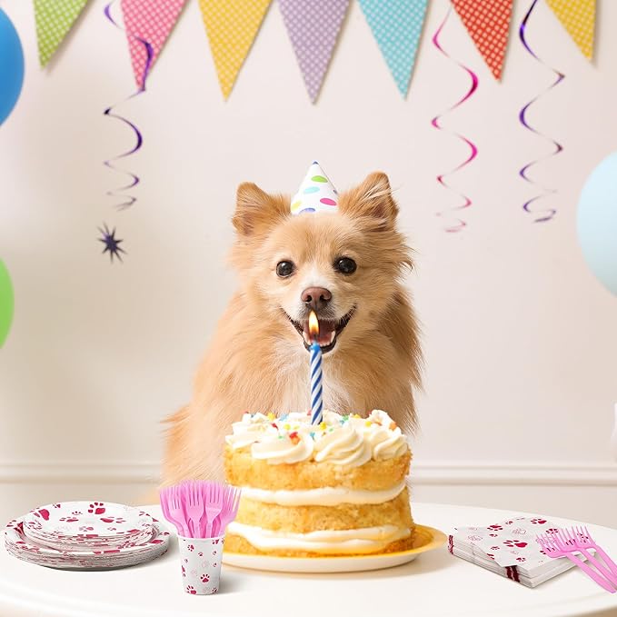 Kochorie 144 Pieces Pink Paw Print Party Tableware Sets Including Disposable Plates Napkins Cups Forks Serves 24 for Dog Puppy Theme Party Supplies
