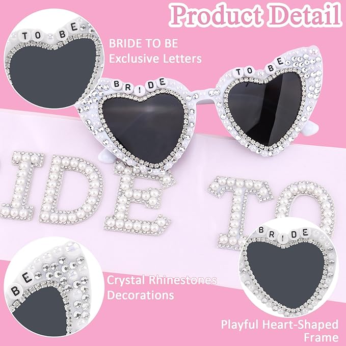 Bride to Be Sunglasses & Bride to Be Sash Set - White Satin Sash with Rhinestone Lettering & Pearl-Embellished Sunglasses for Bachelorette Party, Bridal Shower & Wedding Celebrations