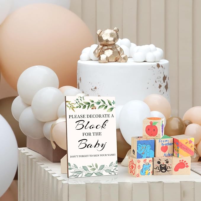 Baby Shower Games Sign Kit with 50 Blank Wooden Baby Blocks, 24 Acrylic Paint Marker and Wooden Sign, Blocks for Baby Shower, Gender Reveals Party(Green)