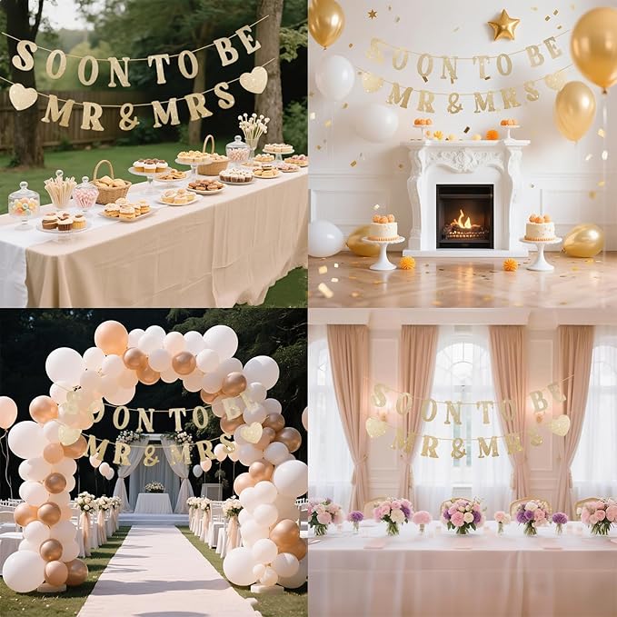 Soon To Be Mr & Mrs Sign Banner For Bridal Shower Decorations, Pre-strung Gold Glitter Wedding Shower Decorations For Home Party, Engagement Banner For Bachelorette Couples Shower