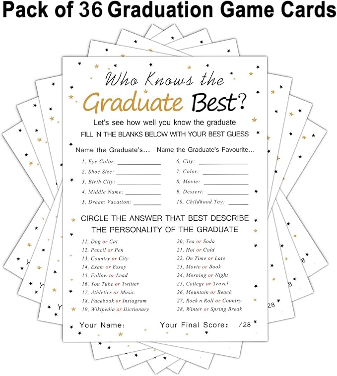 Fibevon Graduation Party Game Cards - Who Knows The Graduate Best (36-Pack)- Graduation Party Collection Grad Celebration Party Supplies for High School/College/Senior School