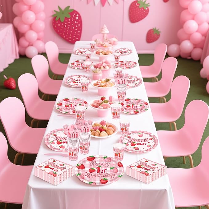 REDWORD Berry First Birthday Decor, 120Pcs Strawberry 1st Birthday Decorations with Plates Napkins Forks Cups Supplies for Girl First Sweet One Birthdays Party Decorations-Serves 24