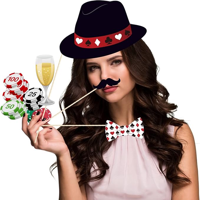 25Pcs Texas Hold'em Photo Booth Props with Stick, Las Vegas Selfie Props,777 Party Supplies,Playing Cards Theme Backdrop Decorations