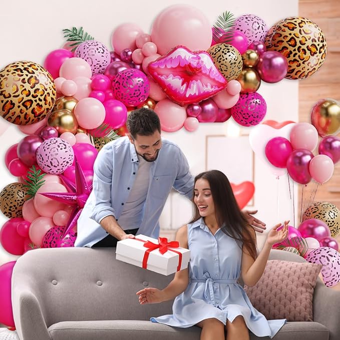 Hot Pink Cheetah Print Balloon Garland Arch Kit, 135pcs Pink Gold Latex Balloons with Lip Leopard Foil Balloon for Women Girls Birthday Bridal Shower Valentines Day Party Decorations