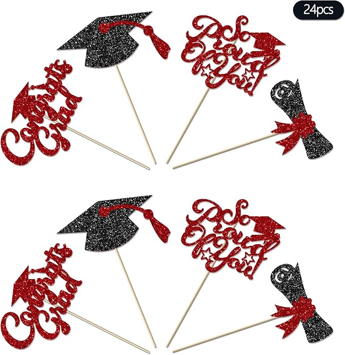 24Pcs Black Red Graduation Cupcake Toppers 2026, Glitter Grad Cap Diploma Congrats Grad We Are So Proud of You Cupcake Toppers for Class of 2026 Graduation Party Decorations.