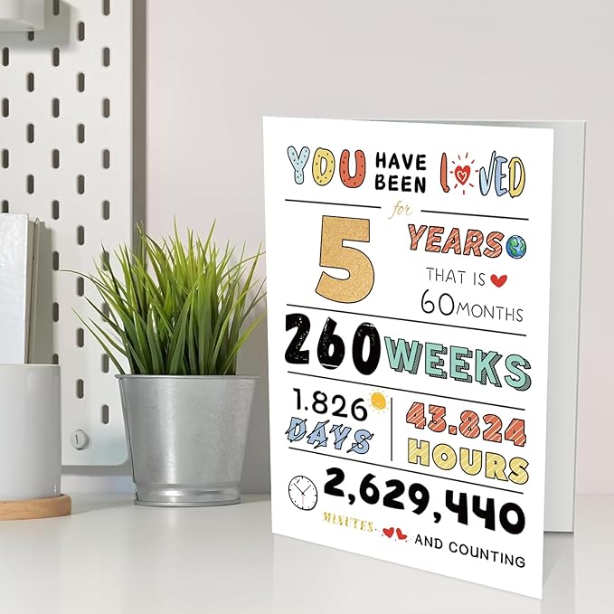 Cute 5th Birthday Card for Girls Boys, Ideal 5th Birthday Gift from Mom Dad, Five Years Old Birthday Card Gift For Son Daughter Children, Unique 5th Birthday Decorations for Grandson Granddaughter