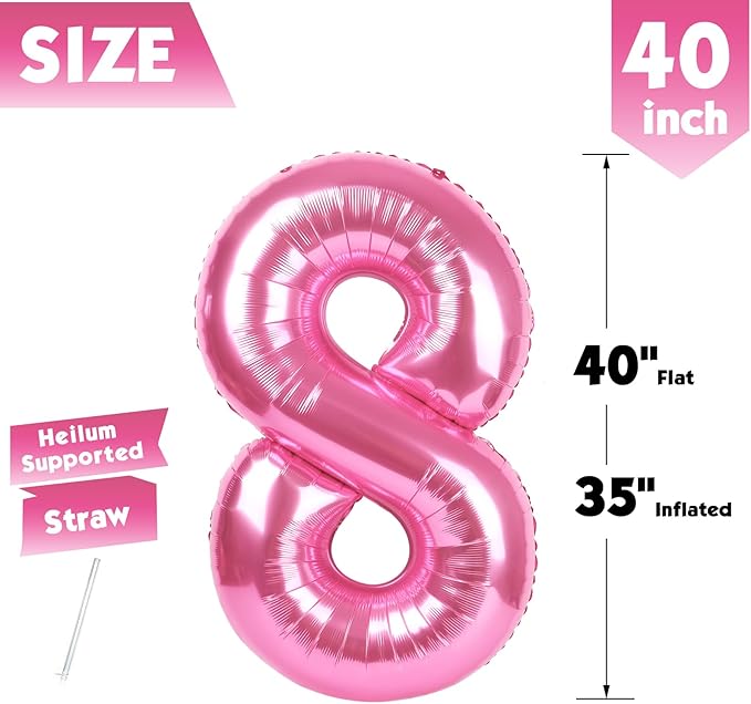 40 Inch Pink Number 8 Balloon, Giant 8 Number Balloons for 8th Birthday Decorations, Party Supplies for Baby Boy Girl, Pink Party Decor