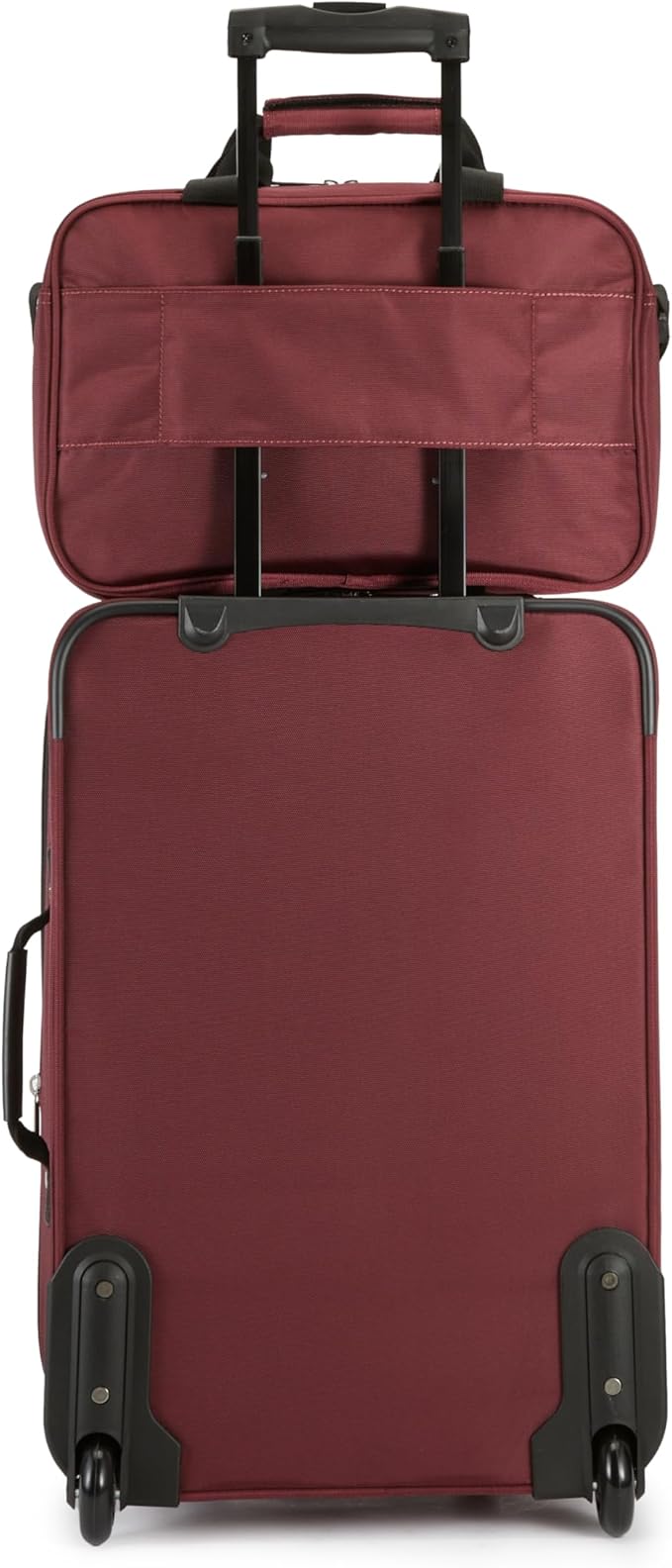 Amazon Basics 2-Piece Softside Luggage Set, 23-Inch Expandable Suitcase with Wheels and 15-Inch Tote, Front Pockets, Telescopic Handle, Burgundy