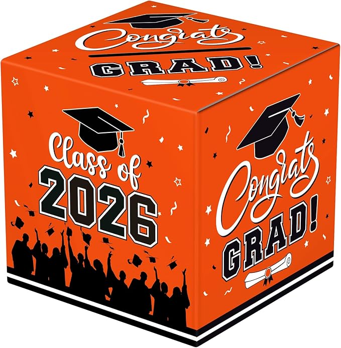 Graduation Card Box 2026 - Congrats Grad Card Boxes Holder, Orange Class of 2026 Graduation Gift Cards Box for Graduation Party Decorations 2026 Favors Decor Supplies Props, 9x 9 x 9 inches