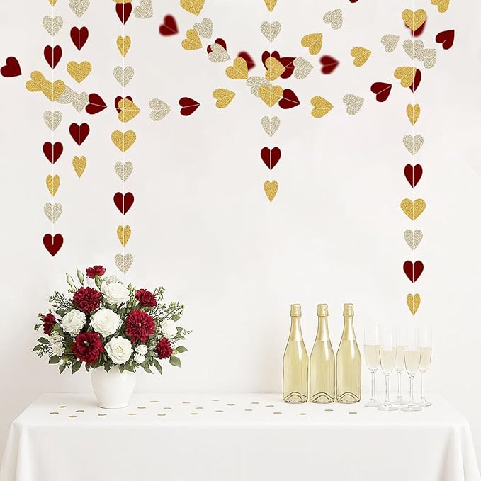 Champagne Gold Burgundy Party Decorations - 52Ft Heart Paper Garland Decoration Streamers Birthday Banner Bridal Baby Shower Wedding Bachelorette Engagement Graduation Hanging Decor Hongtongtong