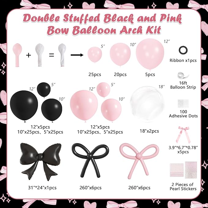 Pink and Black Balloons Arch Kit,189Pcs Pink and Black Birthday Party Decorations with Bow Foil Double Stuffed Pearl Pink Balloons Ribbon Pearl Stickers for Birthday Bachelor Bridal Baby Shower