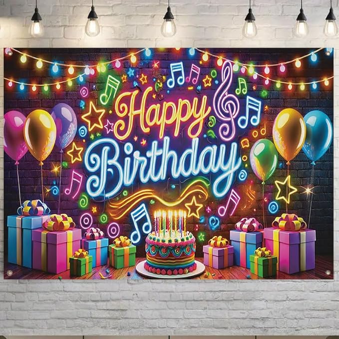 Happy Birthday Banner Backdrop, 71x43 In,Neon Music Theme Birthday Party Decorations with Balloons Cake Gifts, Colorful Brick Wall Background for Boys Girls Kids Birthday Photo Booth Supplies