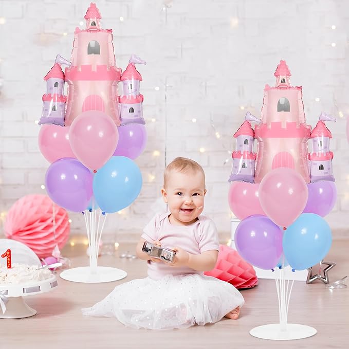 Princess Party Balloons Stand Kit 2 Sets with 2 Princess Castle Foil Balloons Pastel Blue Pink Purple Themed Party Balloon Centerpiece for Tables for Girls Baby Shower Fairytales Birthday Decorations