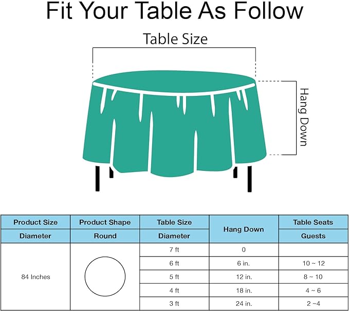 Teal Plastic Tablecloths 2 Pack Disposable Table Covers 84 Inch Circle Bridal Shower Party Tablecovers PEVA Vinyl Table Cloths for BBQ Picnic Birthday Wedding Banquet Parties 6 ft Round Table Use