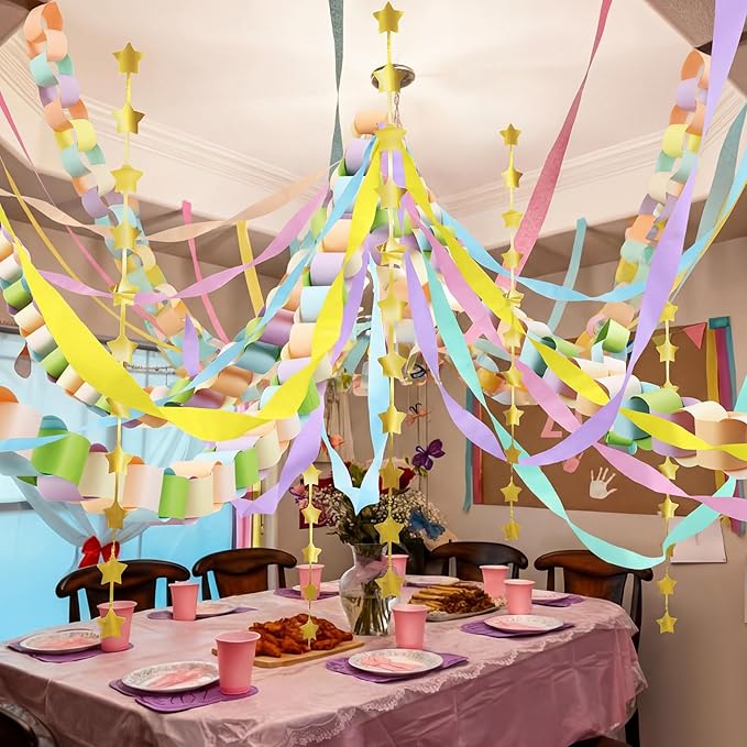 Gueevin Fancy Birthday Decorations Pastel 600 Sheets Paper Chain Garland 2 Pack Gold Star Curtains 492 ft Pastel Crepe Paper Streamers Party Decor for Rainbow Birthday Fancy Party Supplies