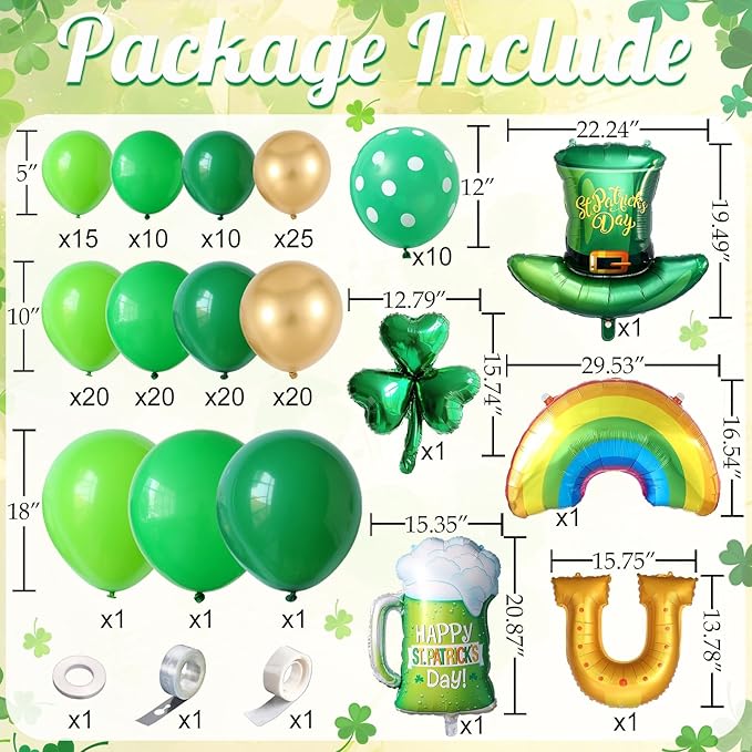 St. Patrick's Day Balloon Arch Kit,161Pcs Green Gold Balloon Garland with Rainbow,Shamrock,Top Hat,Beer Cup,Horseshoe Foil Balloons for St Patricks Day Irish Festival Lucky One Spring Party Decoration