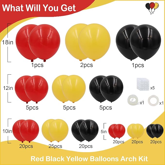 Red Yellow Black Balloons Garland Arch Kit, Mouse Party Decorations with 144pcs Different Sizes Latex Party Balloons for Baby Shower Wedding Backdrop Cartoon Game Theme Birthday Party Decorations