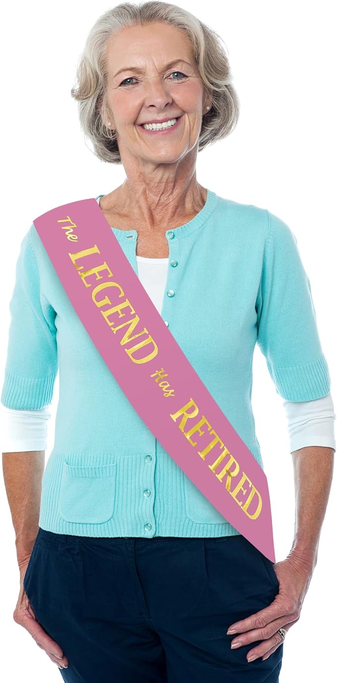 The Legend Has Retired Sash – Elegant Pink and Gold Foil Legendary Sash for Both Women and Men & a Large Gold Safety Pin. Perfect for Retirement Parties by JPACO