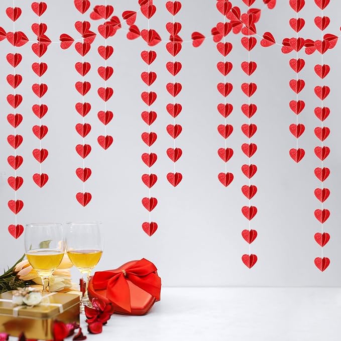 Valentines Day Party-Decorations Red Heart Garland - 39Ft 3D Special Night Galentines Hanging Paper Streamers Banner,Baby Girl Birthday Bachelorette Engagement Mohters Brunch Decor Ouruola