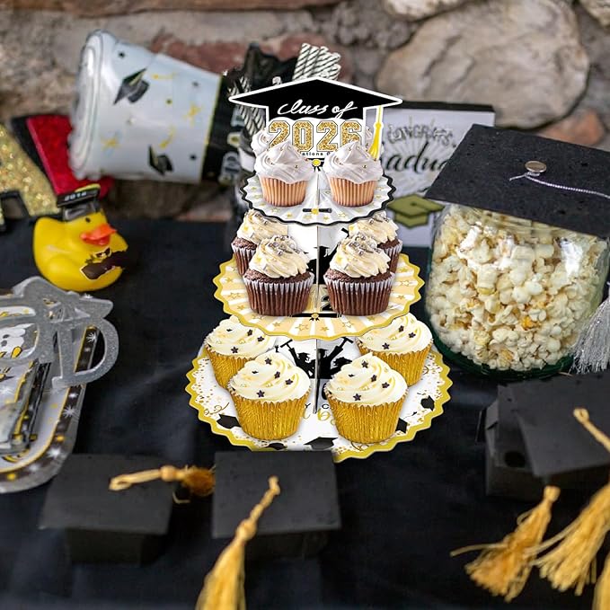 Set of 2 Graduation Cupcake Stand for 50 Cupcakes Black Gold Graduation Cap Decorations Cardboard Cake Dessert Holder Tower for Class of 2026 Congrats Grad Party Supplies