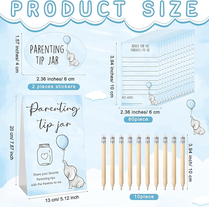 Roowest Baby Shower to Baby Advice Cards for New Parents to Be - Tip Jar Sign for New Parents 60 Parenting Advice Cards 10 HB Pencils 2 Cute Stickers 1 Pet Bottle for Guests Games(Blue Elephant)