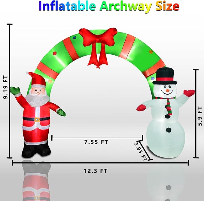 12 Ft Lighted Christmas Inflatable Archway, Inflatable Santa Claus and Snowman Arch Indoor and Outdoor Holiday Decorations, Built-in Led Lights, Large Outdoor Patio Decorations Garden Props