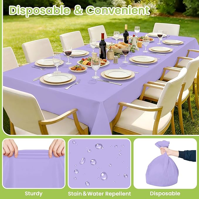 Mulbozy Light Purple Plastic Table Cloth Disposable 4 Pack, 54 × 108 Inch Tablecloths Rectangle, Lavender Plastic Table Cover for Party Decor