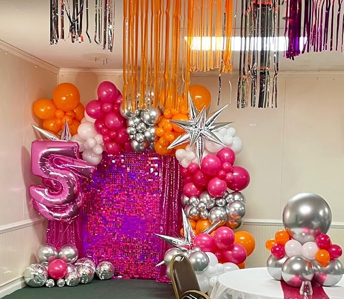 Pink and Orange Balloon Arch Kit, 180Pcs Hot Pink Orange Metallic Silver Latex Balloon Garland kit, 18 12 10 5 Inch Different Size Balloons for Birthday Baby Shower Wedding Party Decorations