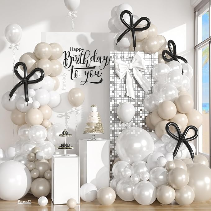 White Balloon Garland Arch Kit, 120pcs Sand White Balloon Arch Kit, Double Stuffed and Pearl Balloon with Black Long Balloons Different Sizes for Boho Birthday Wedding Baby Shower Party Decorations