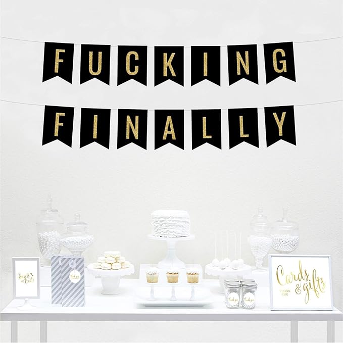 Andaz Press Faux Gold Glitter on Black Bridal Shower Bachelorette Party Banner Decorations, Fucking Finally, Approx 5-Feet, 1-Set, Colored Hanging Pennant Decor