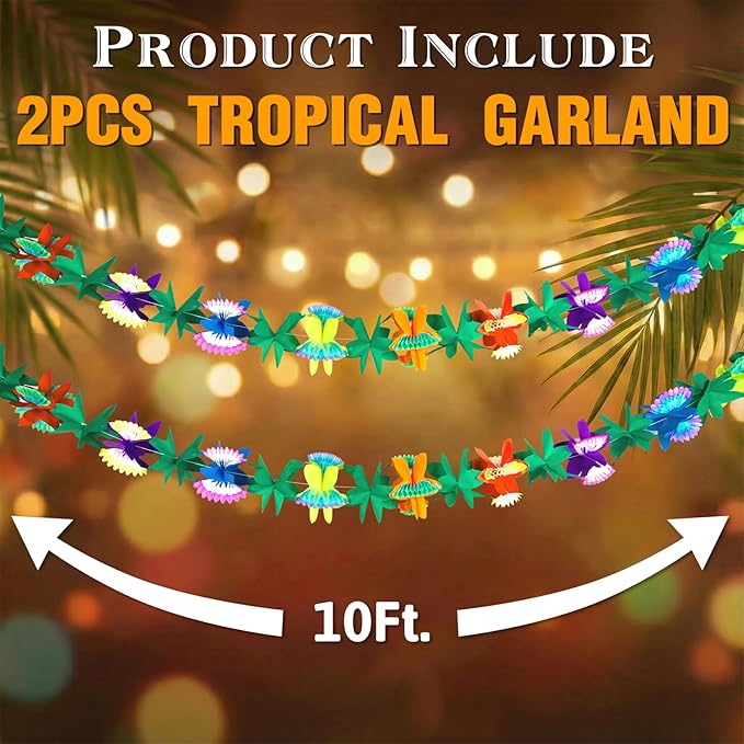 FUTUREPLUSX 2 Pack Tropical Garland Party Decorations, 20ft Multicolored Tissue Paper Hibiscus Flower Summer Banner for Birthday Beach Theme Luau Hawaiian Party Supplies Jungle Decor