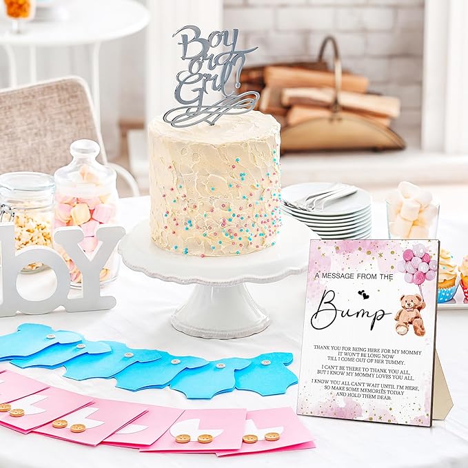 Roowest Cool Baby Shower Tabletop Decoration a Message from the Bump Wooden Baby Shower Games Sign Greenery Cute Gender Reveal Party Thank You Sign, 11.2 x 8.66 Inches(Girl Bear)