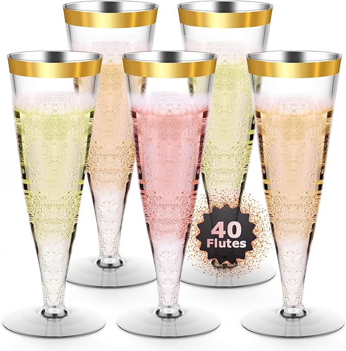 Plastic Champagne Flutes Gold Rim Disposable Wine Glasses - 40 Pack 4.5 Oz Mimosa Glasses Bulk Cocktail Cups for Party Supplies Wedding Bride Bar Women's Day, Copas De Plastico Para Brindis