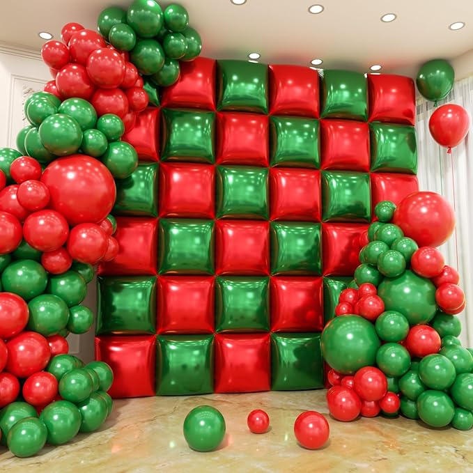 50pcs Red and Green Square Foil Balloons Wall Backdrop with 128pcs Balloon Garland Arch Kit, Christmas Balloons Decorations, Double Sided Balloon for Christmas New Year Xmas Party Decorations