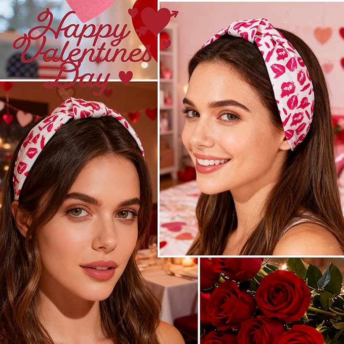 Valentines Headband Non Slip Cute Knotted Headbands Fashion Women Head Band With Pink Lips Designs Romantic Valentines Headbands For Women Holiday Party Head wear Accessories Gift 1pcs
