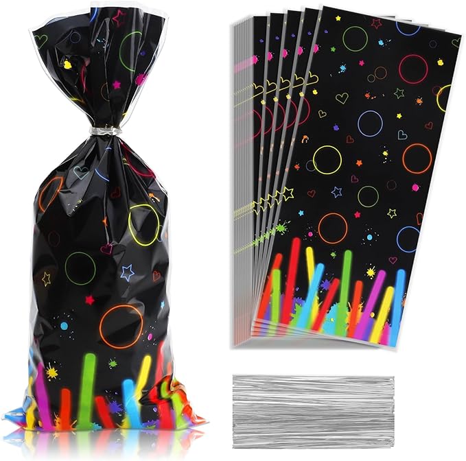 Neon Cellophane Treat Bags Plastic Colorful Candy Goodie Bag with Twist Ties for Birthday Party Decoration Gift Wrap (200/black)